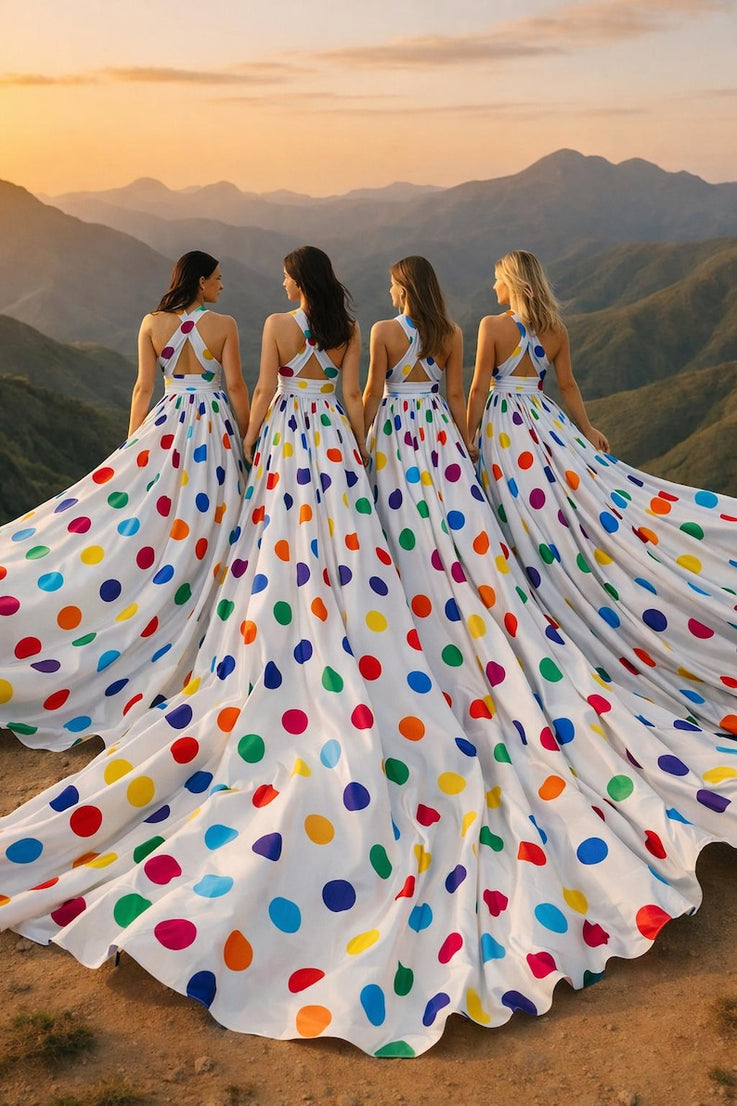 Women's White Rainbow Dot Flying Dress Dramatic Flowing Gown for Photography Sessions