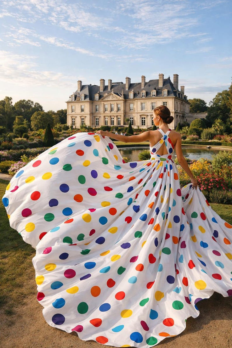 Women's White Rainbow Dot Flying Dress Dramatic Flowing Gown for Photography Sessions