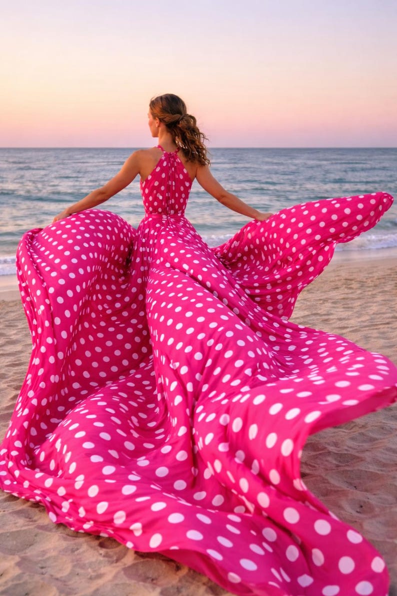 Women’s Long Tail Flying Dress Polka Dot Beach Photography Gown