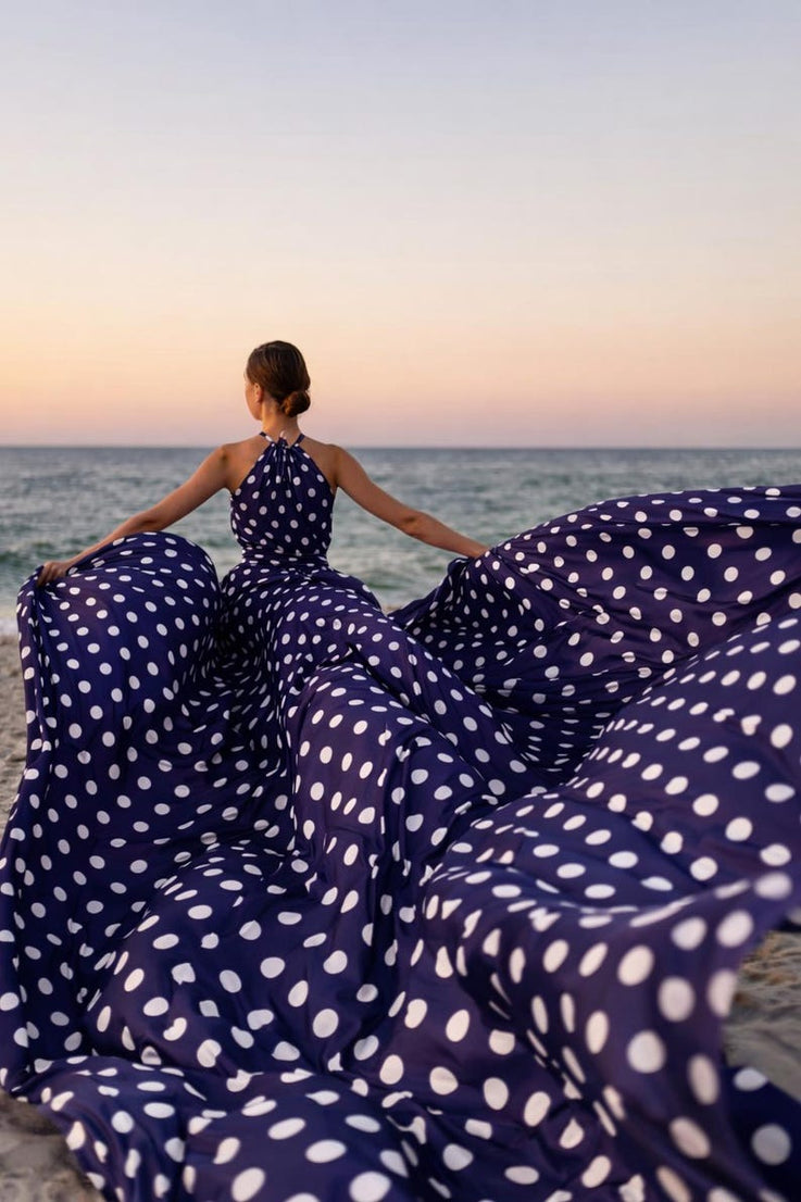 Women’s Long Tail Flying Dress Polka Dot Beach Photography Gown