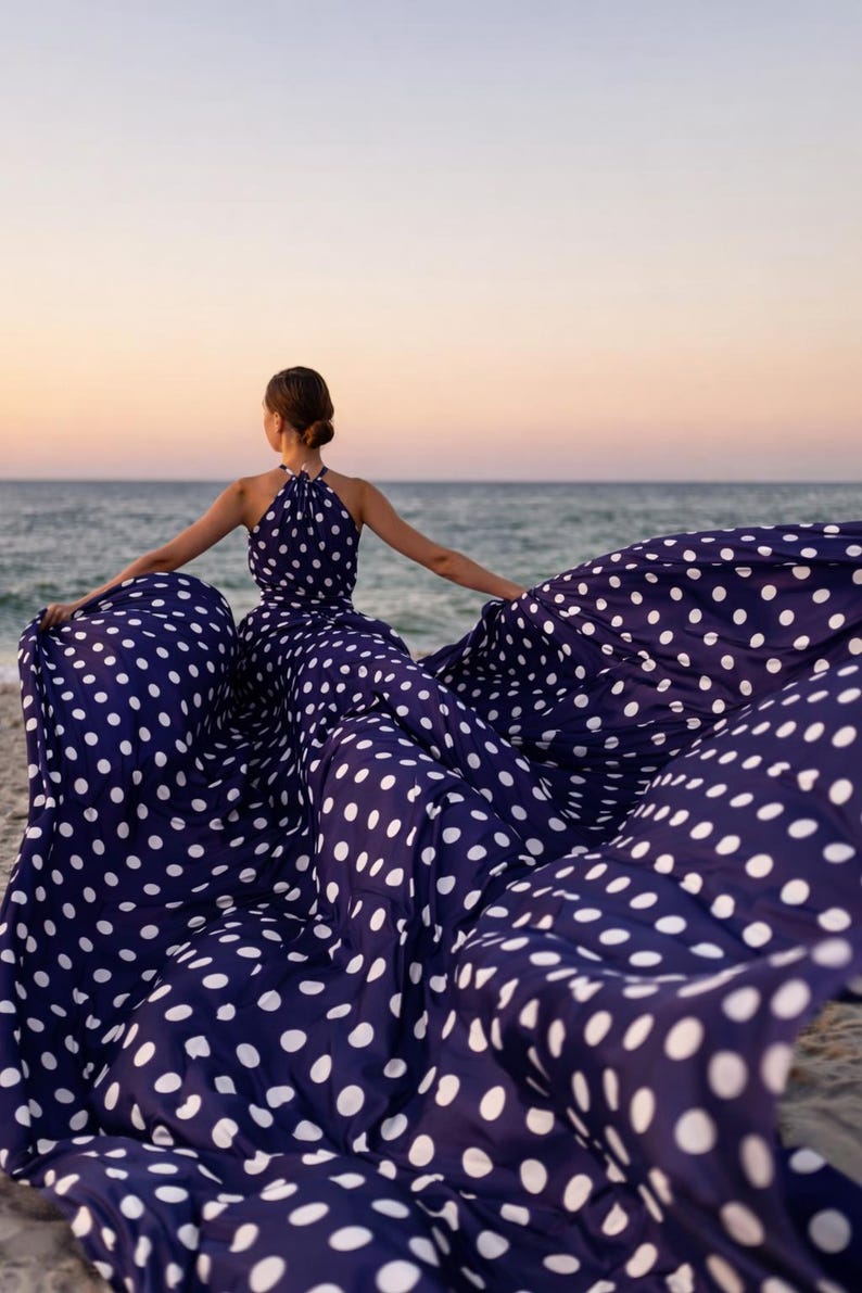 Women’s Long Tail Flying Dress Polka Dot Beach Photography Gown