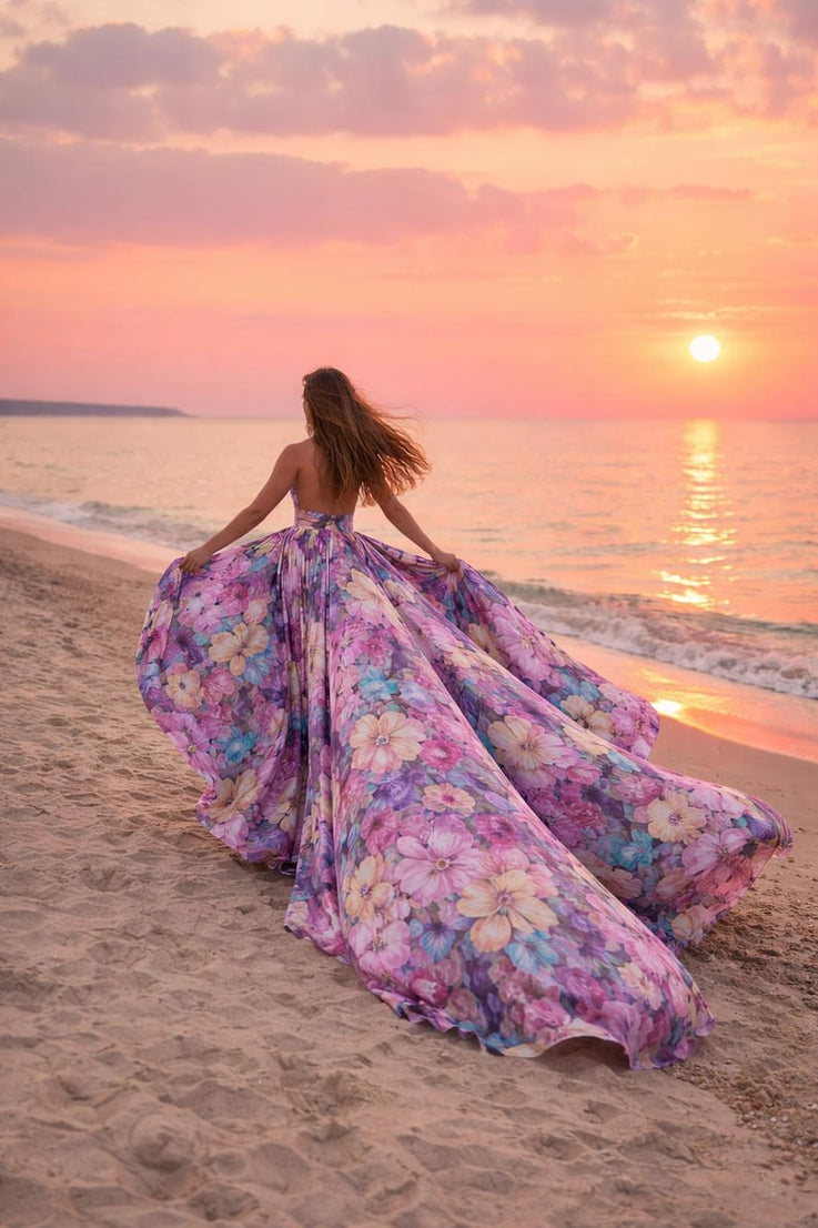 Purple Floral Flying Dress for Women Elegant Maxi Gown with Long Train for Photoshoots & Special Events