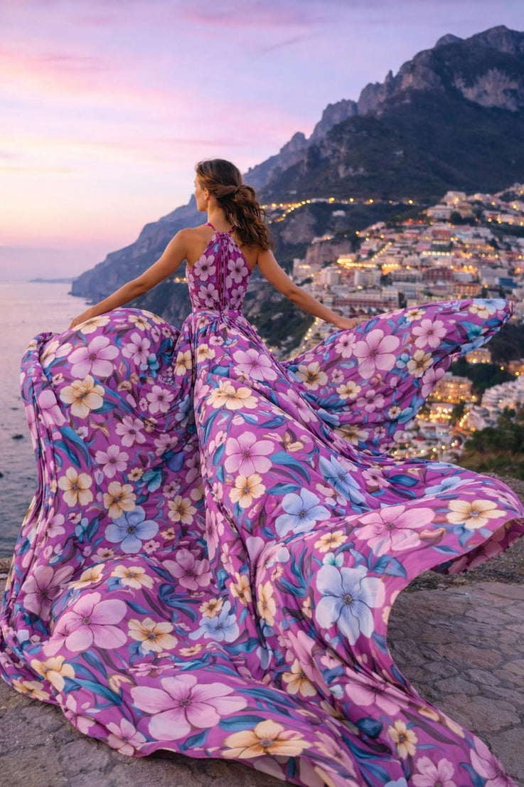 Purple Floral Flying Dress for Women Elegant Maxi Gown with Long Train for Photoshoots & Special Events