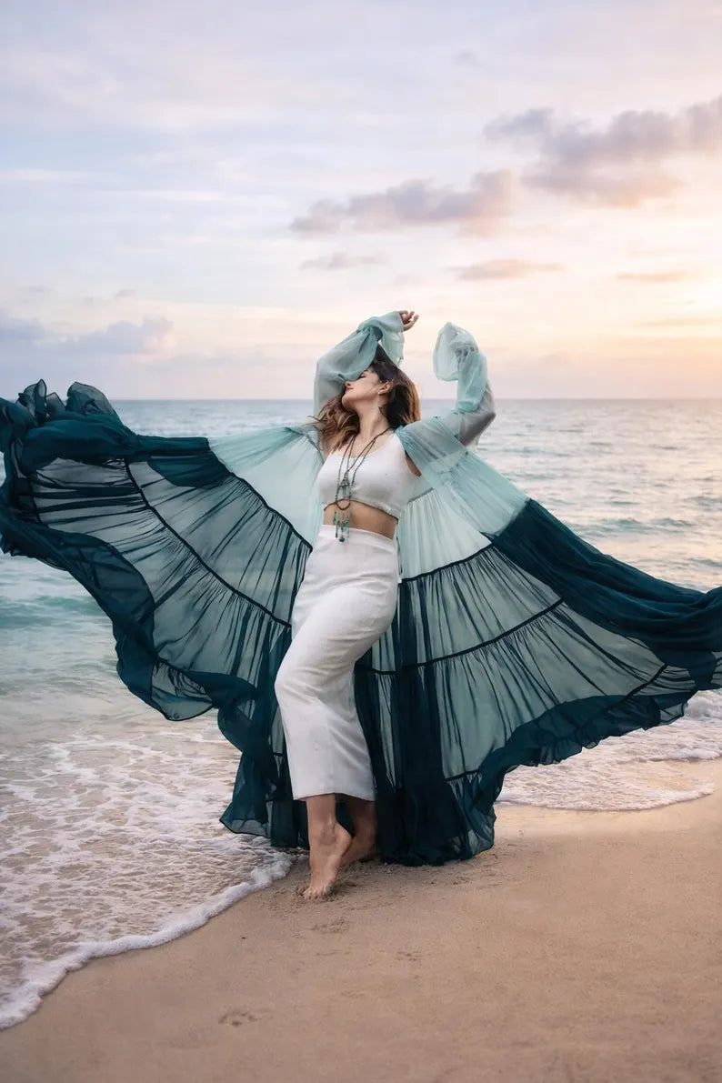 Flowy Flying Shrug Women, Long Georgette Kimono Robe, Boho Beach Cover Up, Festival Outfit, Summer Resort Wear