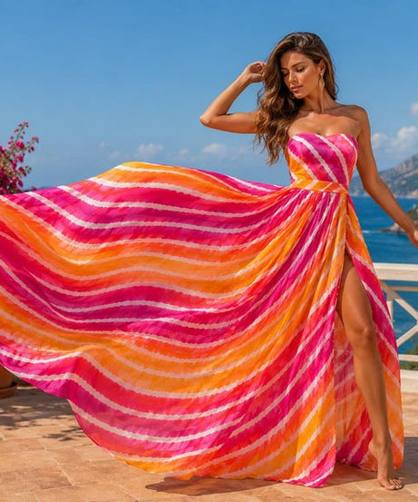 Fashion Women's Strapless Colorful Maxi Dress with Statement Flowing Train