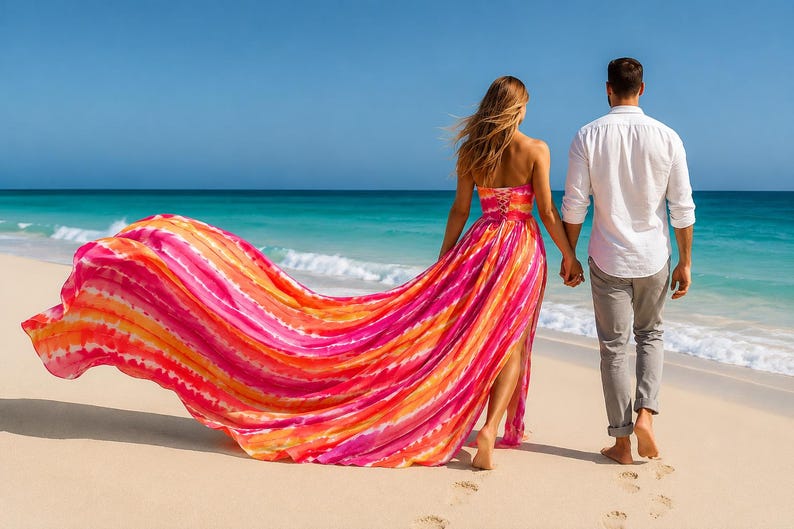 Fashion Women's Strapless Colorful Maxi Dress with Statement Flowing Train