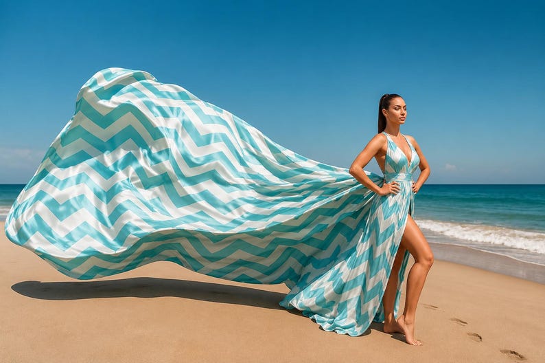 Women's Chevron Print Flowy Maxi Dress Sleeveless Beach Vacation Resort Gown with Long Train