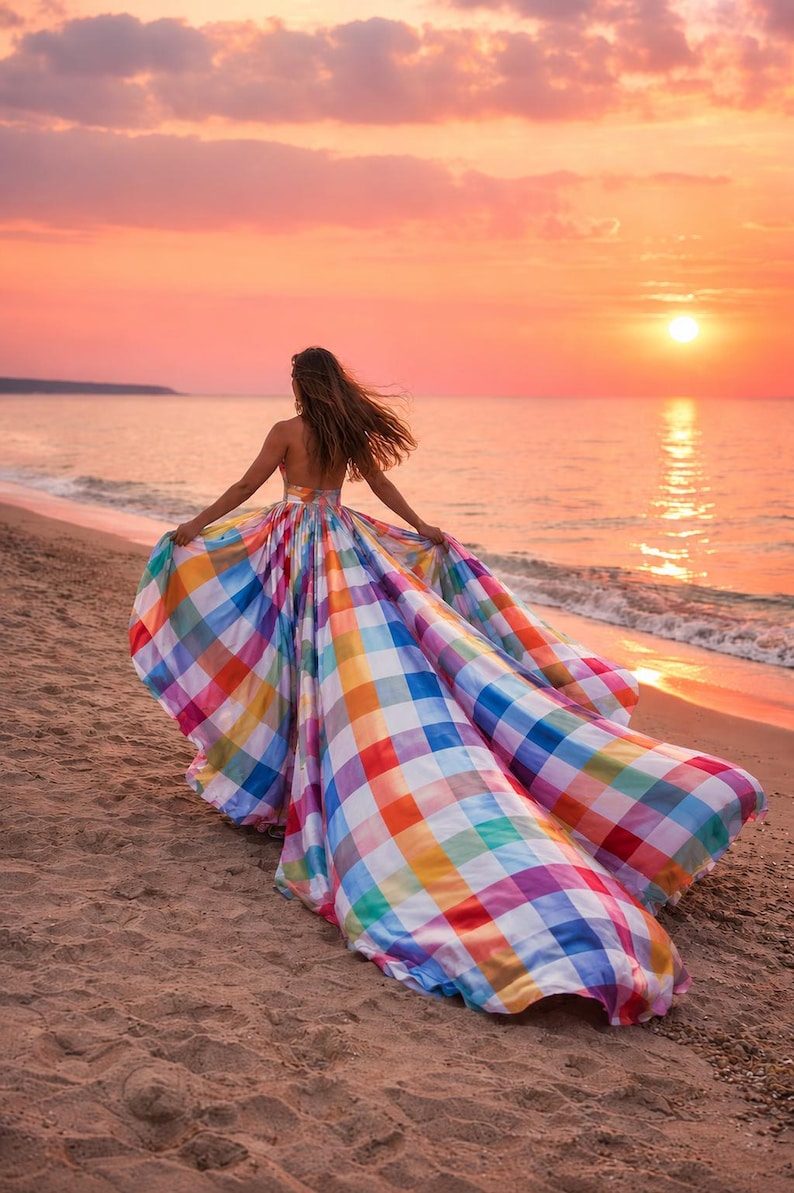 Luxury Rainbow Flying Dress Colorful Fashion Gown Overlay Women's Dress