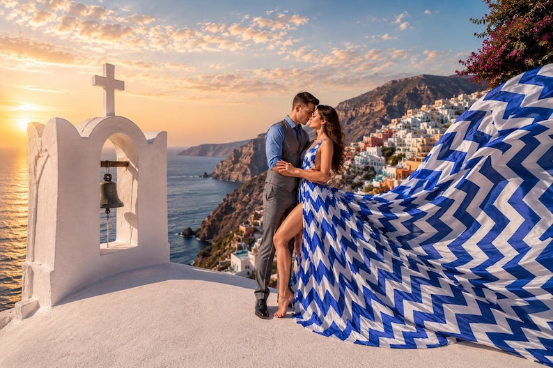 Women's Chevron Print Flowy Maxi Dress Sleeveless Beach Vacation Resort Gown with Long Train