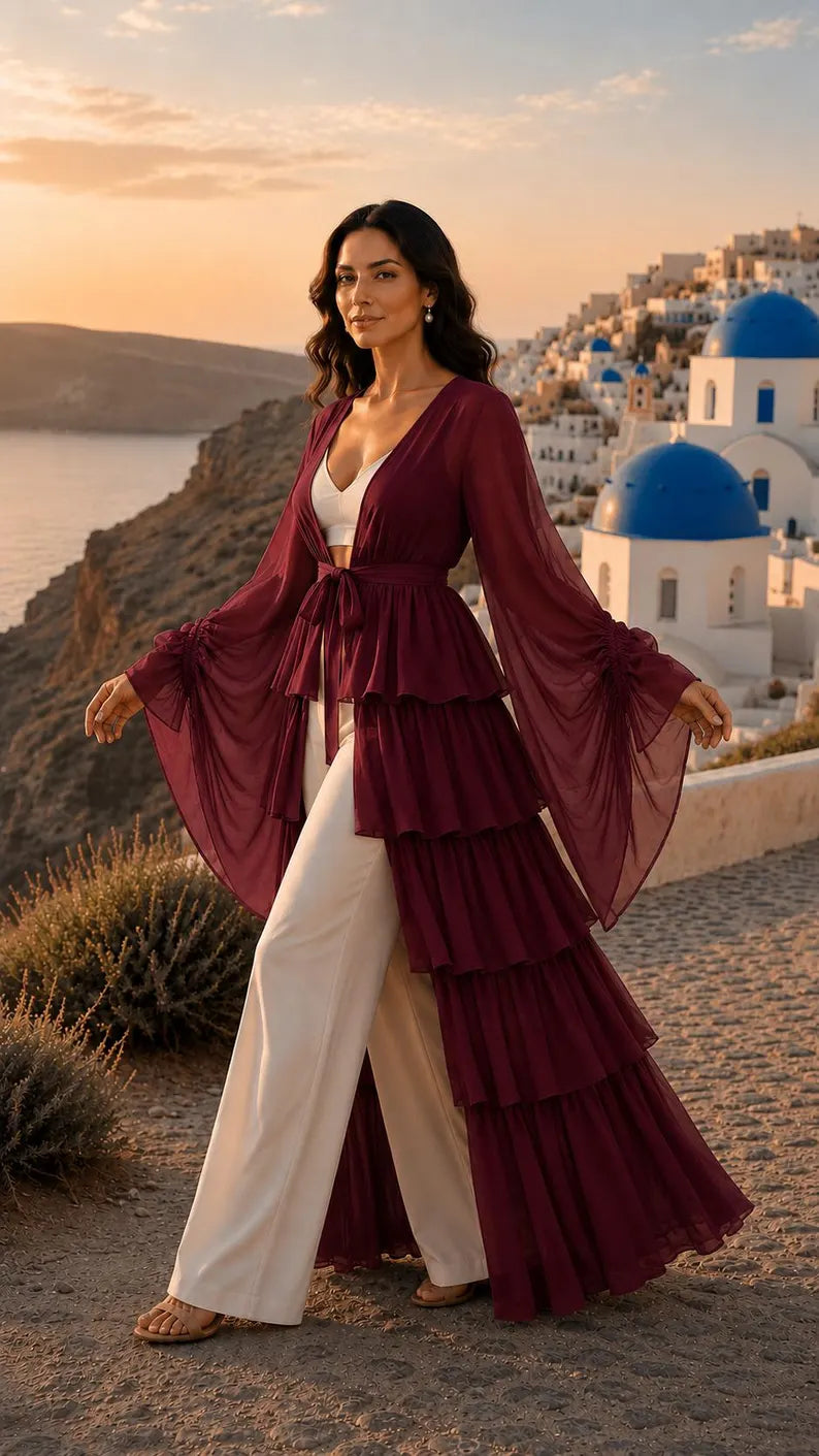 5 Layer Convertible Shrug, Burgundy Layered Cape, Georgette Flying Dress, Elegant Wedding Cover Up(V)