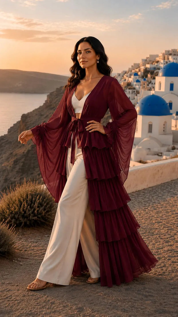 5 Layer Convertible Shrug, Burgundy Layered Cape, Georgette Flying Dress, Elegant Wedding Cover Up(V)