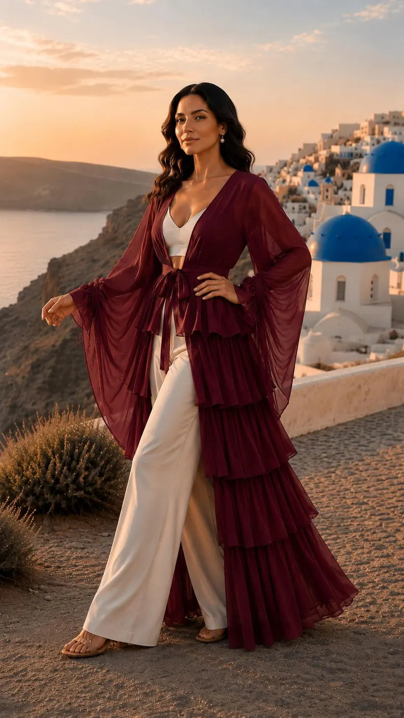 5 Layer Convertible Shrug, Burgundy Layered Cape, Georgette Flying Dress, Elegant Wedding Cover Up(V)