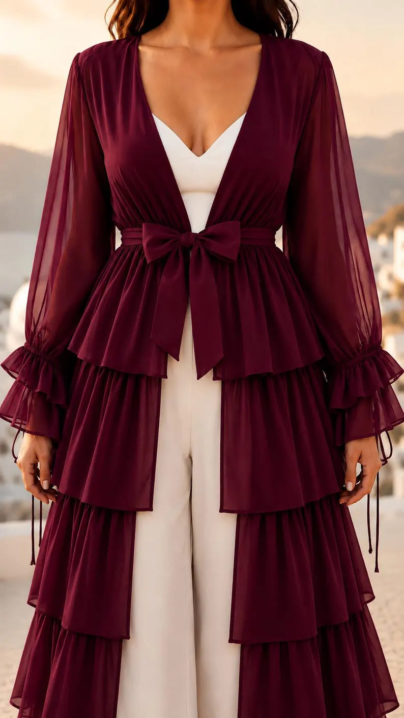 5 Layer Convertible Shrug, Burgundy Layered Cape, Georgette Flying Dress, Elegant Wedding Cover Up(V)