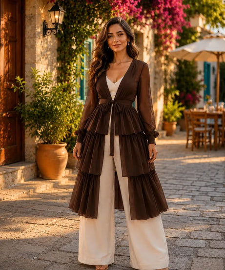 Convertible Flying Dress Shrug, Brown 5 Layer Cape, Open Front Ruffle Overlay for Women(V)