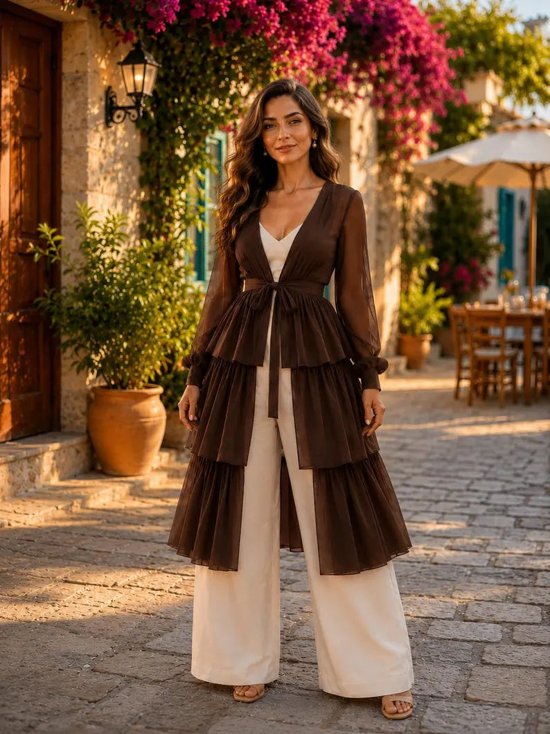 Convertible Flying Dress Shrug, Brown 5 Layer Cape, Open Front Ruffle Overlay for Women(V)