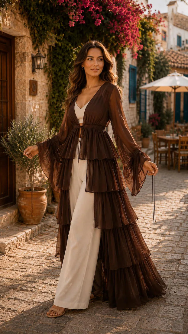 Convertible Flying Dress Shrug, Brown 5 Layer Cape, Open Front Ruffle Overlay for Women(V)