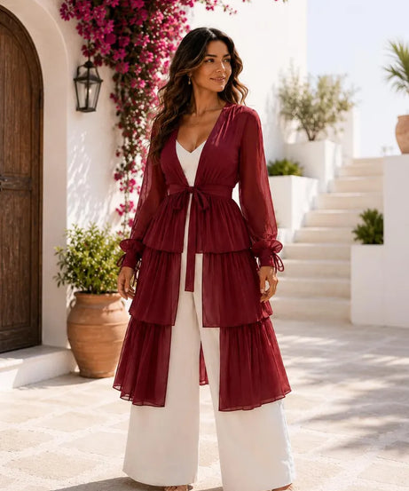 5 Layer Convertible Shrug, Burgundy Layered Cape, Georgette Flying Dress, Elegant Wedding Cover Up(V)