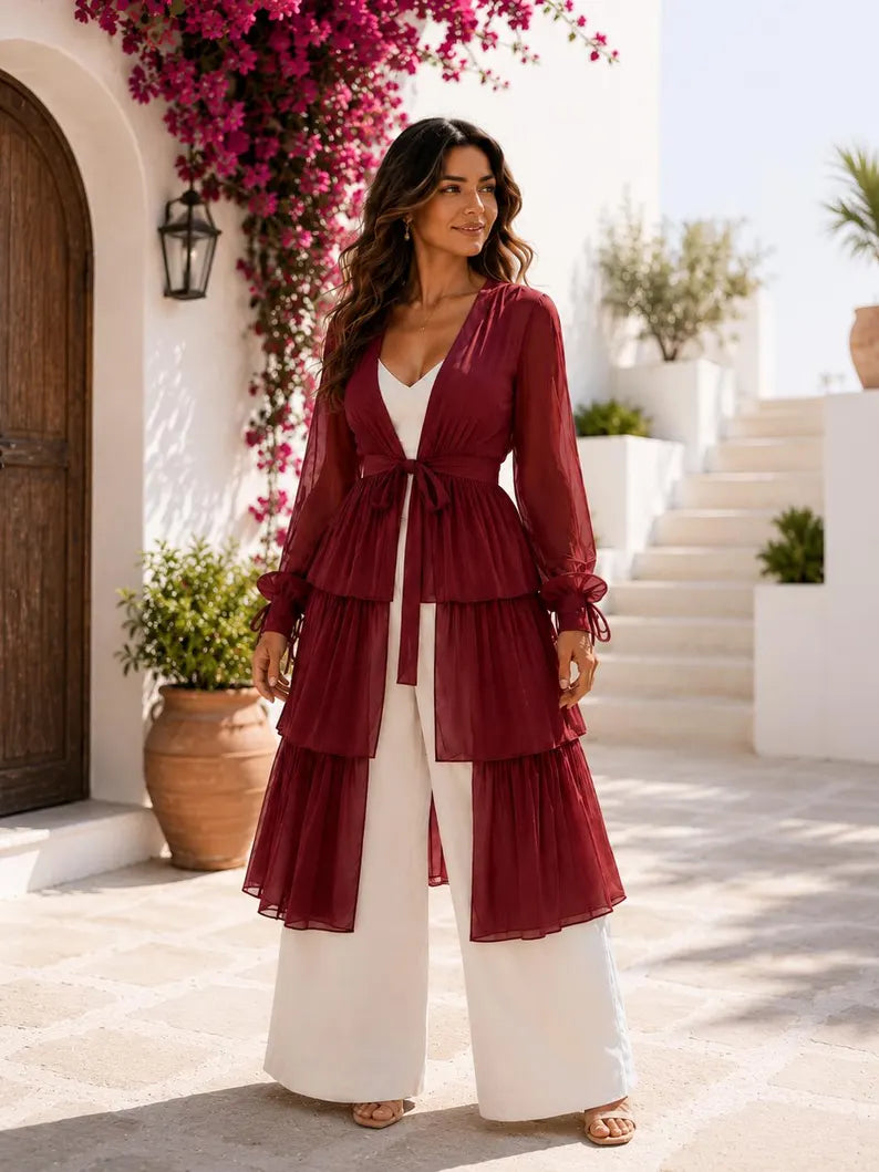 5 Layer Convertible Shrug, Burgundy Layered Cape, Georgette Flying Dress, Elegant Wedding Cover Up(V)