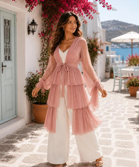 Dusty Pink 5 Layer Detachable Shrug, Convertible Flying Dress Overlay, Open Front Layered Cape, Wedding Bridal Cover Up(V)