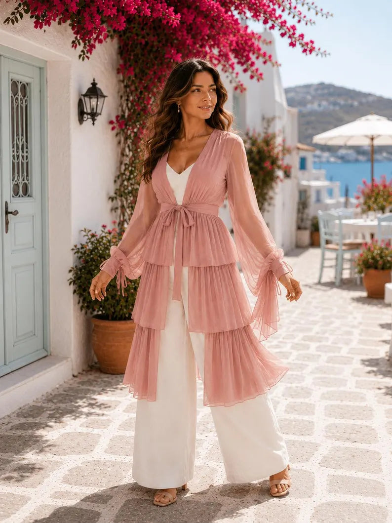 Dusty Pink 5 Layer Detachable Shrug, Convertible Flying Dress Overlay, Open Front Layered Cape, Wedding Bridal Cover Up(V)