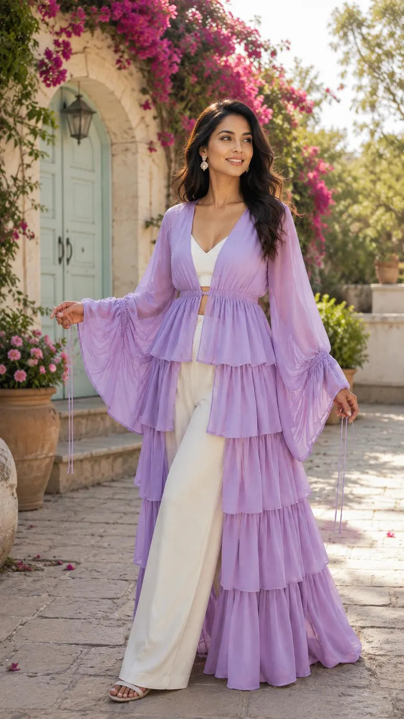 Women's 5 Layer Sheer Shrug  Lavender Cover Up  Lightweight Beach Kimono  Bridal & Party Overlay(V)