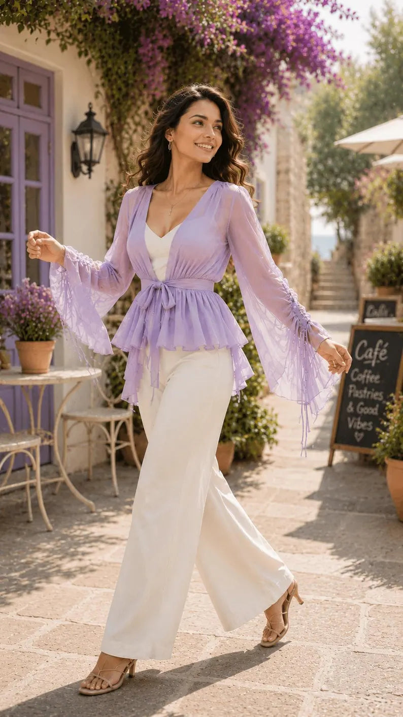 Women's 5 Layer Sheer Shrug  Lavender Cover Up  Lightweight Beach Kimono  Bridal & Party Overlay(V)