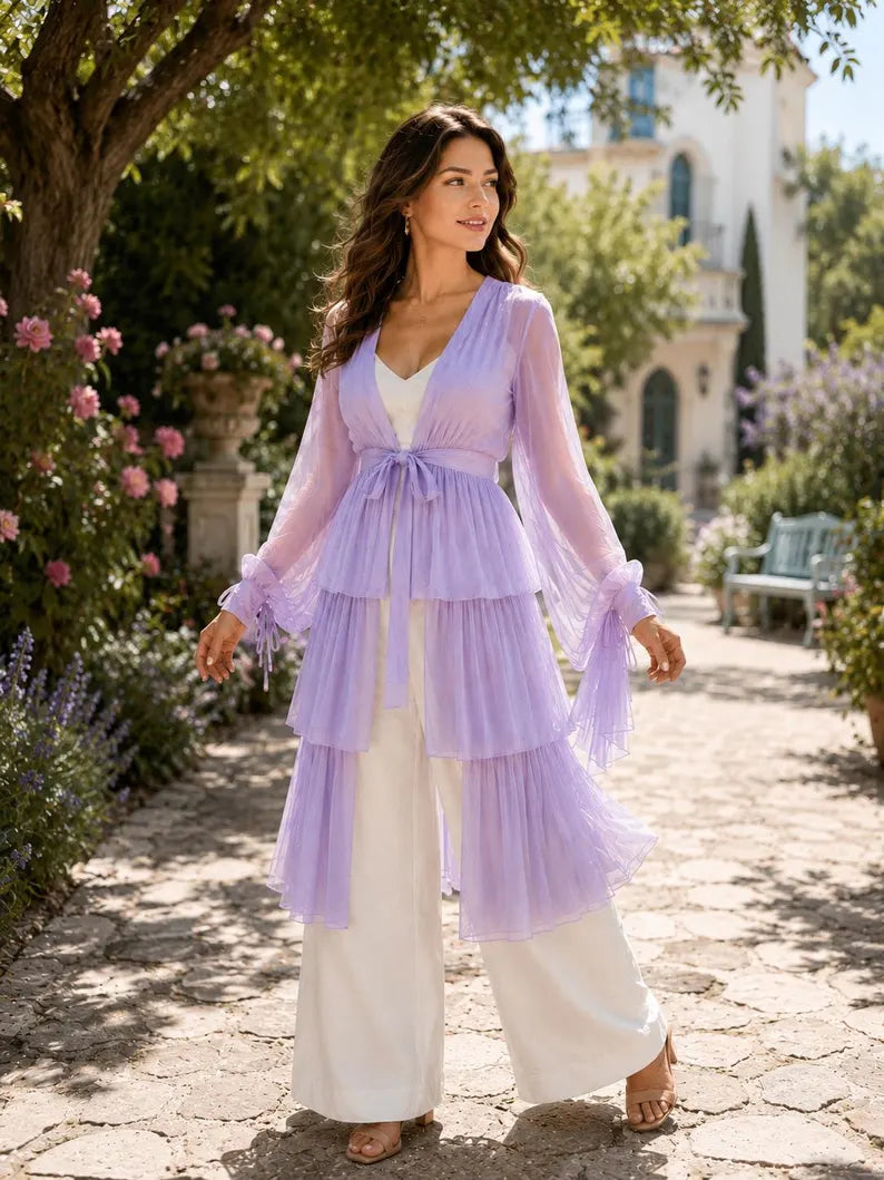 Women's 5 Layer Sheer Shrug  Lavender Cover Up  Lightweight Beach Kimono  Bridal & Party Overlay(V)