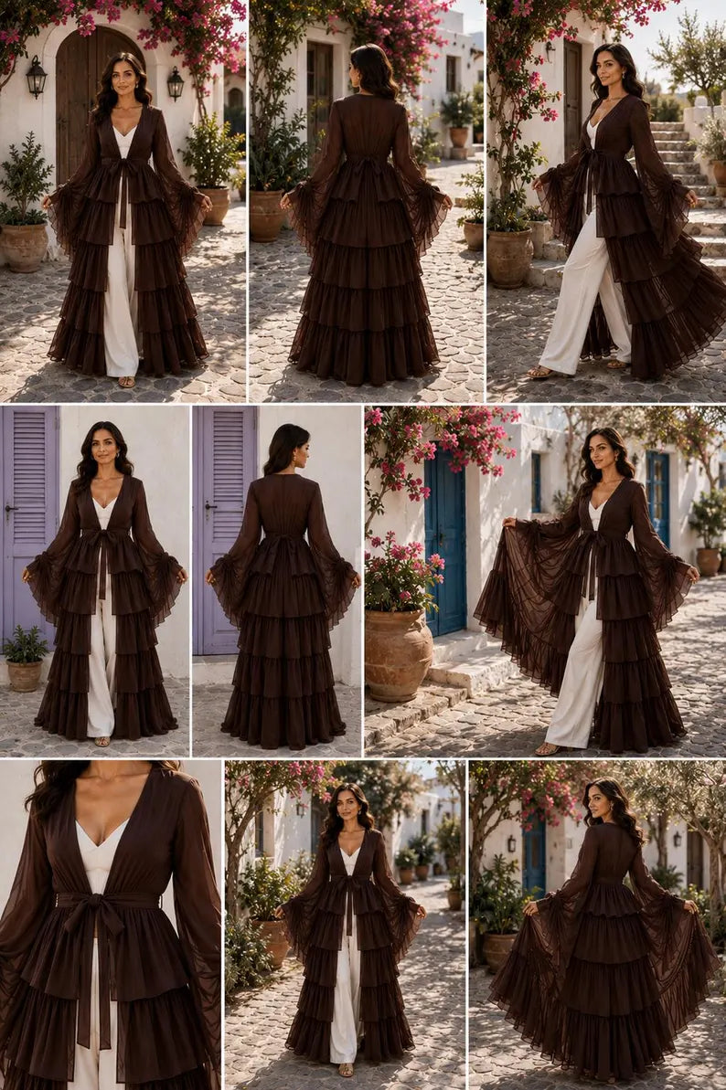 Convertible Flying Dress Shrug, Brown 5 Layer Cape, Open Front Ruffle Overlay for Women(V)
