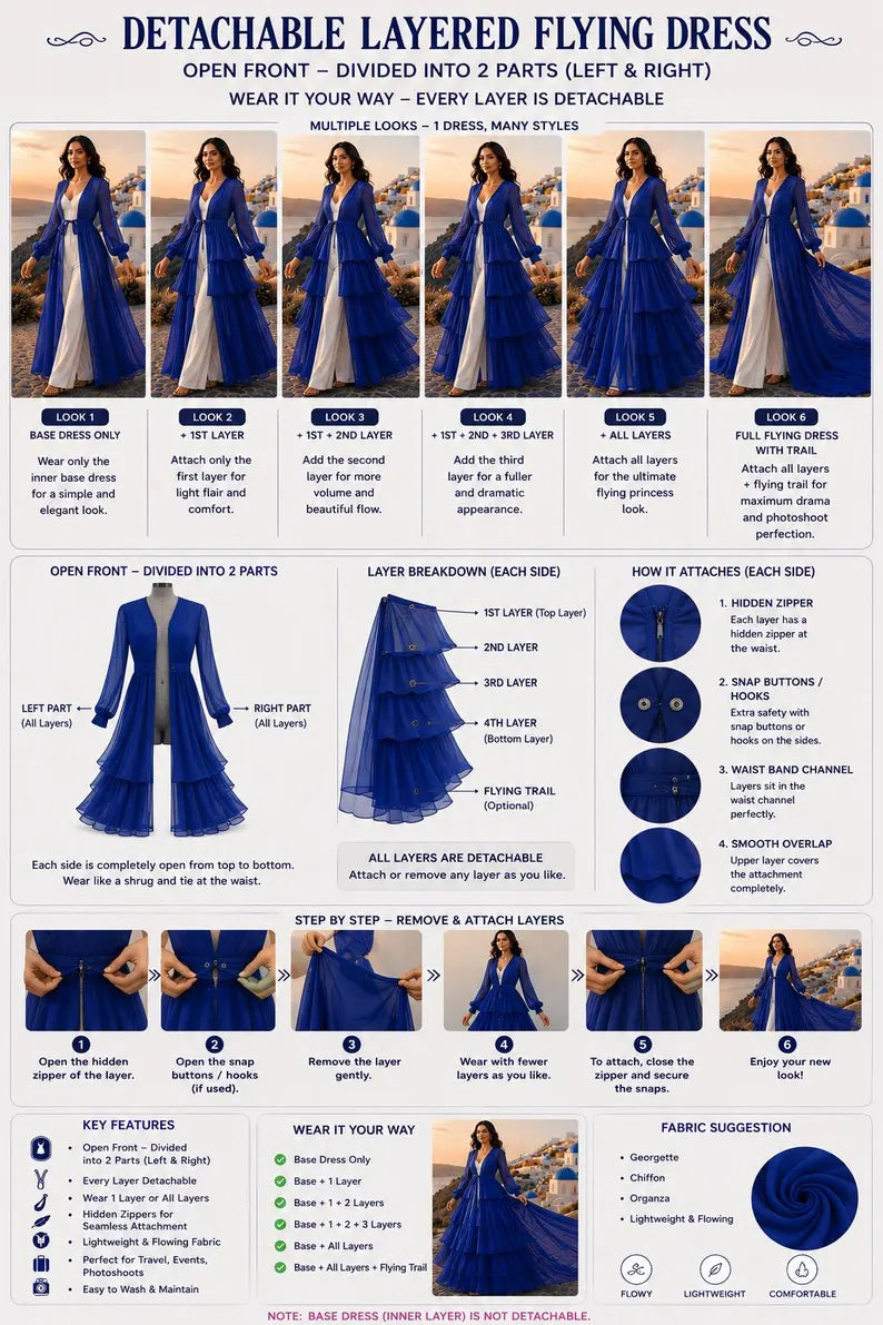Detachable Flying Dress Cape, 5 Layer Shrug, Open Front Layered Cover Up, Bridal, Maternity & Photoshoot Wear(V)