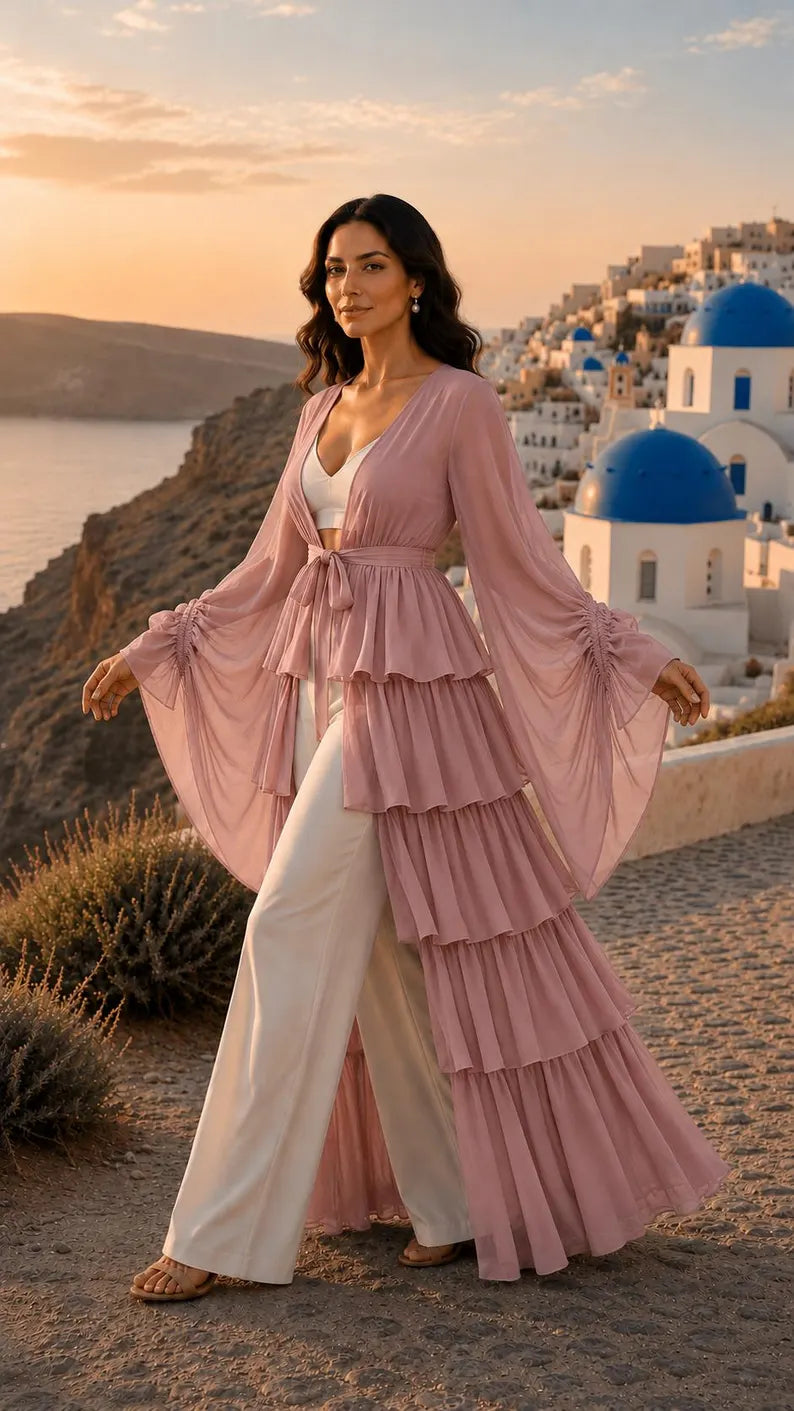 Dusty Pink 5 Layer Detachable Shrug, Convertible Flying Dress Overlay, Open Front Layered Cape, Wedding Bridal Cover Up(V)