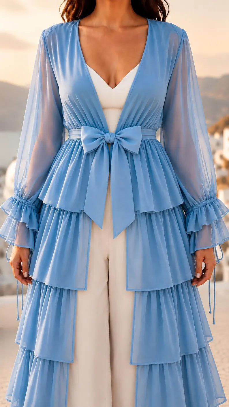 Convertible Flying Dress Shrug, Sky Blue 5 Layer Cape, Open Front Ruffle Overlay, Resort Wear(V)