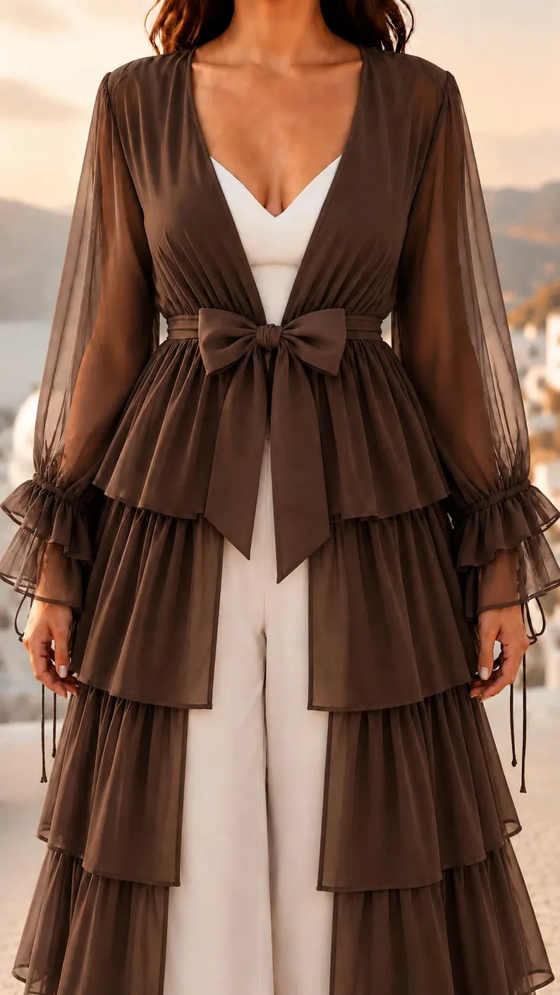 Convertible Flying Dress Shrug, Brown 5 Layer Cape, Open Front Ruffle Overlay for Women(V)