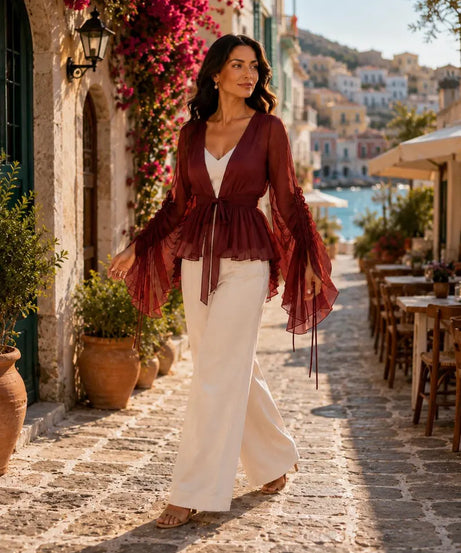 5 Layer Convertible Shrug, Burgundy Layered Cape, Georgette Flying Dress, Elegant Wedding Cover Up(V)
