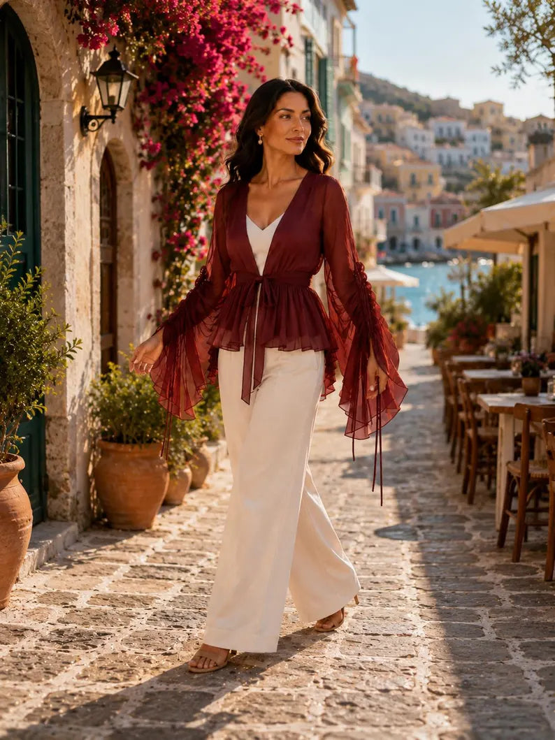 5 Layer Convertible Shrug, Burgundy Layered Cape, Georgette Flying Dress, Elegant Wedding Cover Up(V)
