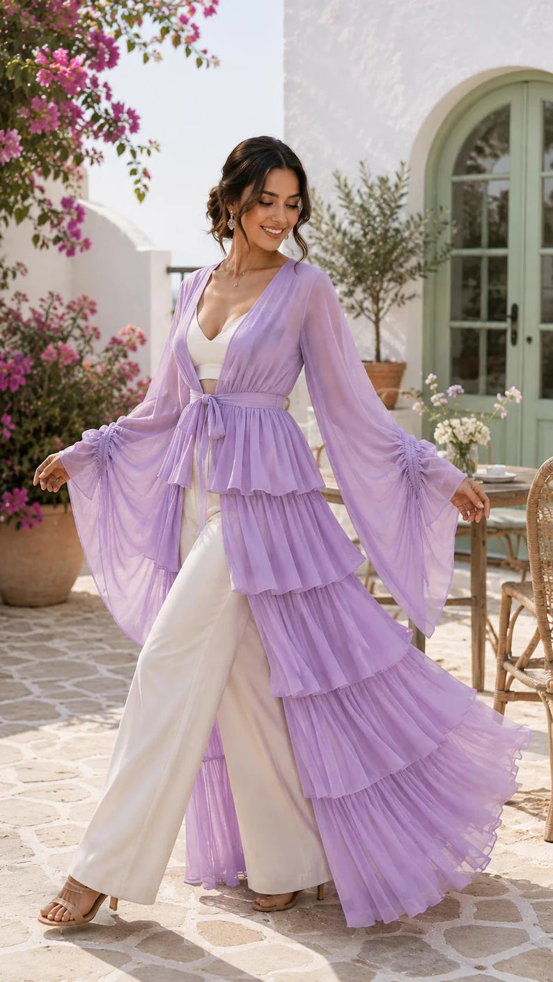 Women's 5 Layer Sheer Shrug  Lavender Cover Up  Lightweight Beach Kimono  Bridal & Party Overlay(V)