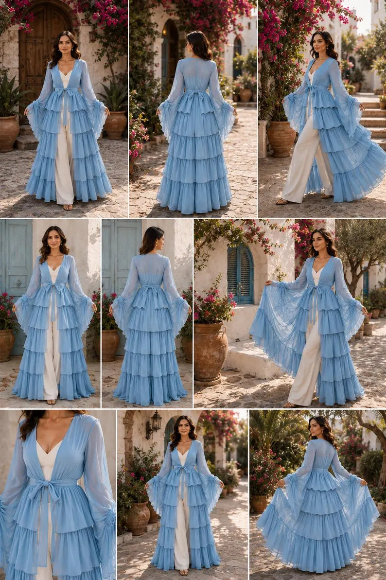Convertible Flying Dress Shrug, Sky Blue 5 Layer Cape, Open Front Ruffle Overlay, Resort Wear(V)