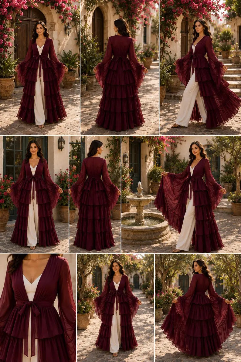 5 Layer Convertible Shrug, Burgundy Layered Cape, Georgette Flying Dress, Elegant Wedding Cover Up(V)