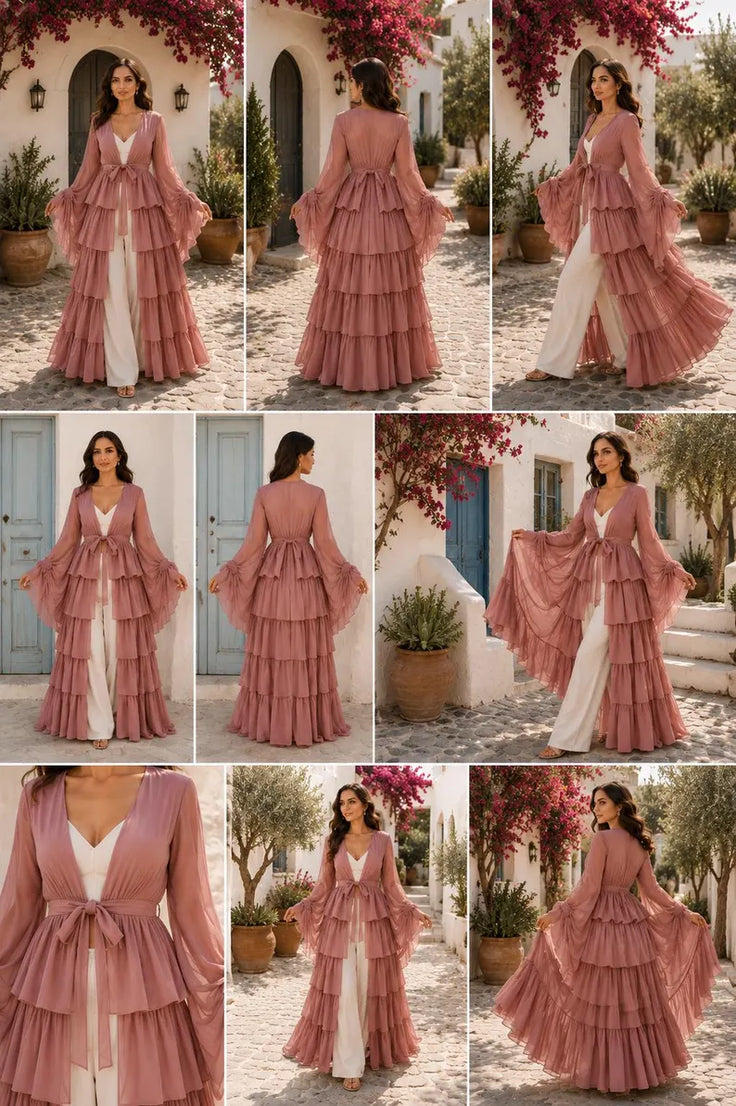 Dusty Pink 5 Layer Detachable Shrug, Convertible Flying Dress Overlay, Open Front Layered Cape, Wedding Bridal Cover Up(V)
