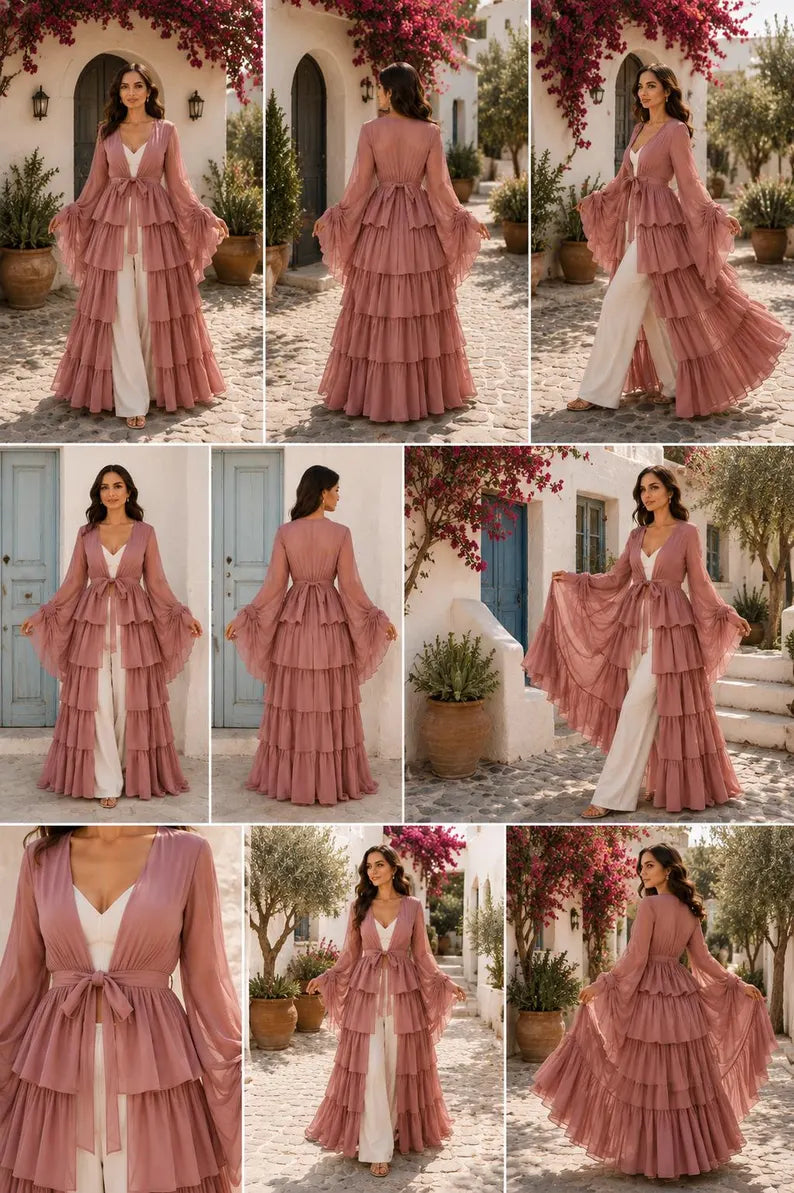 Dusty Pink 5 Layer Detachable Shrug, Convertible Flying Dress Overlay, Open Front Layered Cape, Wedding Bridal Cover Up(V)