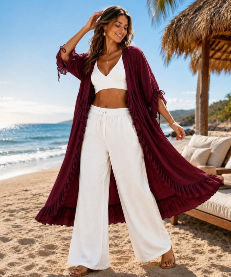 Long Ruffle Shrug for Women, Long Open Front Kimono, Bohemian Flowy Cardigan, Beach Cover Up, Resort Outfit(V)