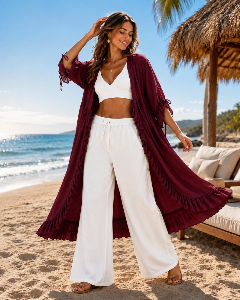 Long Ruffle Shrug for Women, Long Open Front Kimono, Bohemian Flowy Cardigan, Beach Cover Up, Resort Outfit(V)