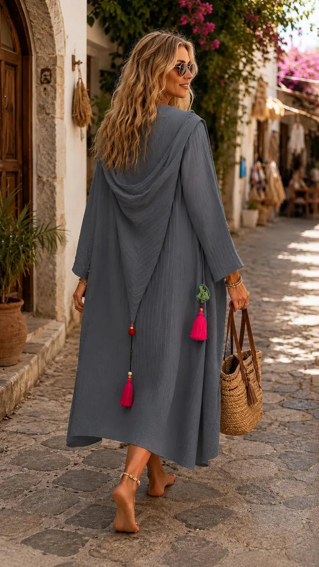 Women’s Linen Kimono Cover Up, Gray Beach Cardigan, Boho Tassel Shrug, Loose Fit Resort Wear (V)