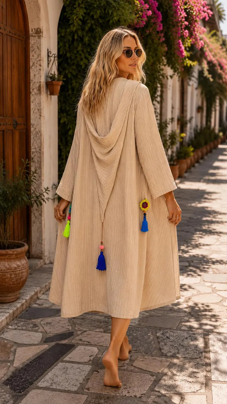Women’s Linen Kimono Cover Up, Gray Beach Cardigan, Boho Tassel Shrug, Loose Fit Resort Wear (V)