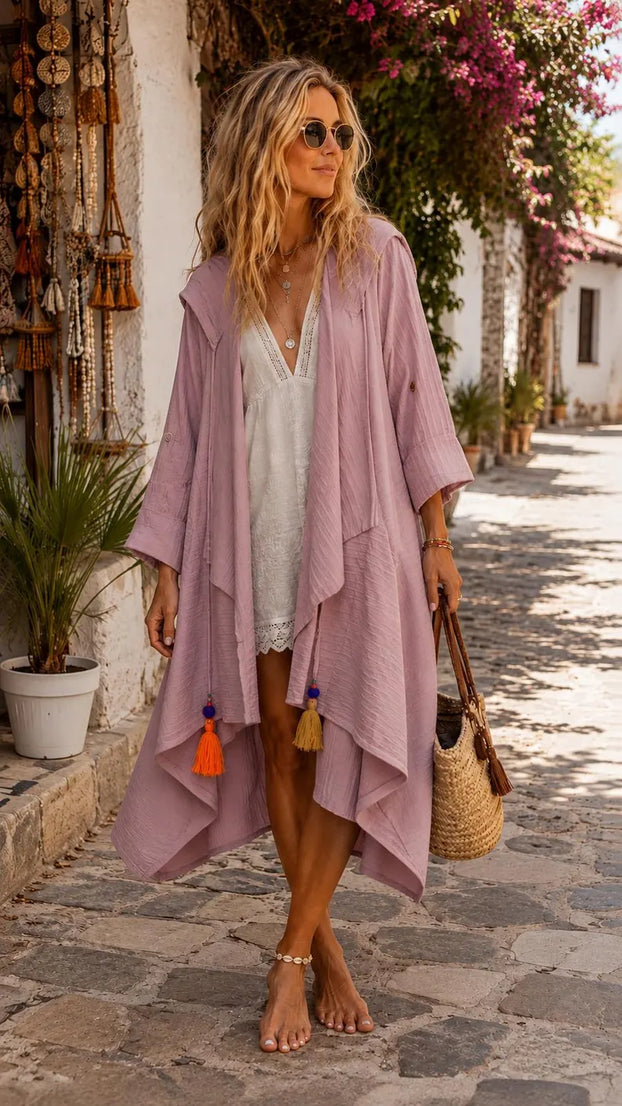 Women’s Linen Kimono Cover Up, Gray Beach Cardigan, Boho Tassel Shrug, Loose Fit Resort Wear (V)