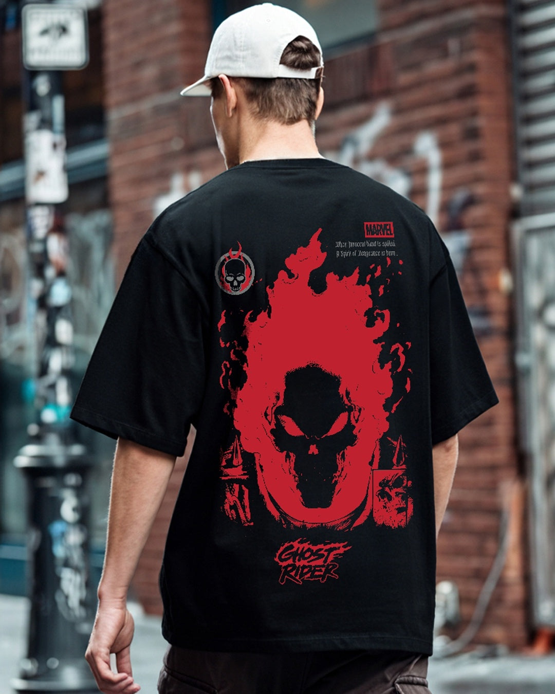 Men's Black Ghost Rider Spirit of Vengeance Graphic Printed Oversized T-shirt