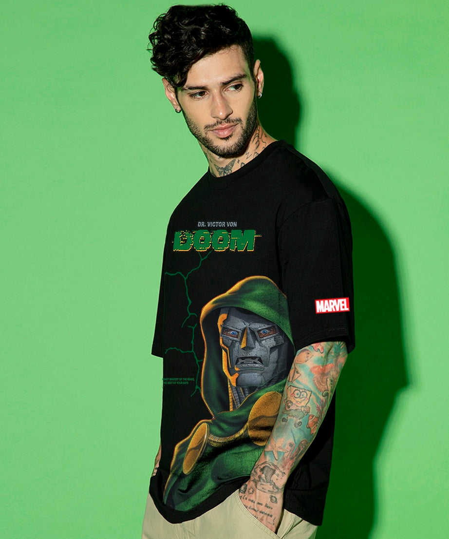 Men's Jet Black Doom Graphic Printed Oversized T-shirt