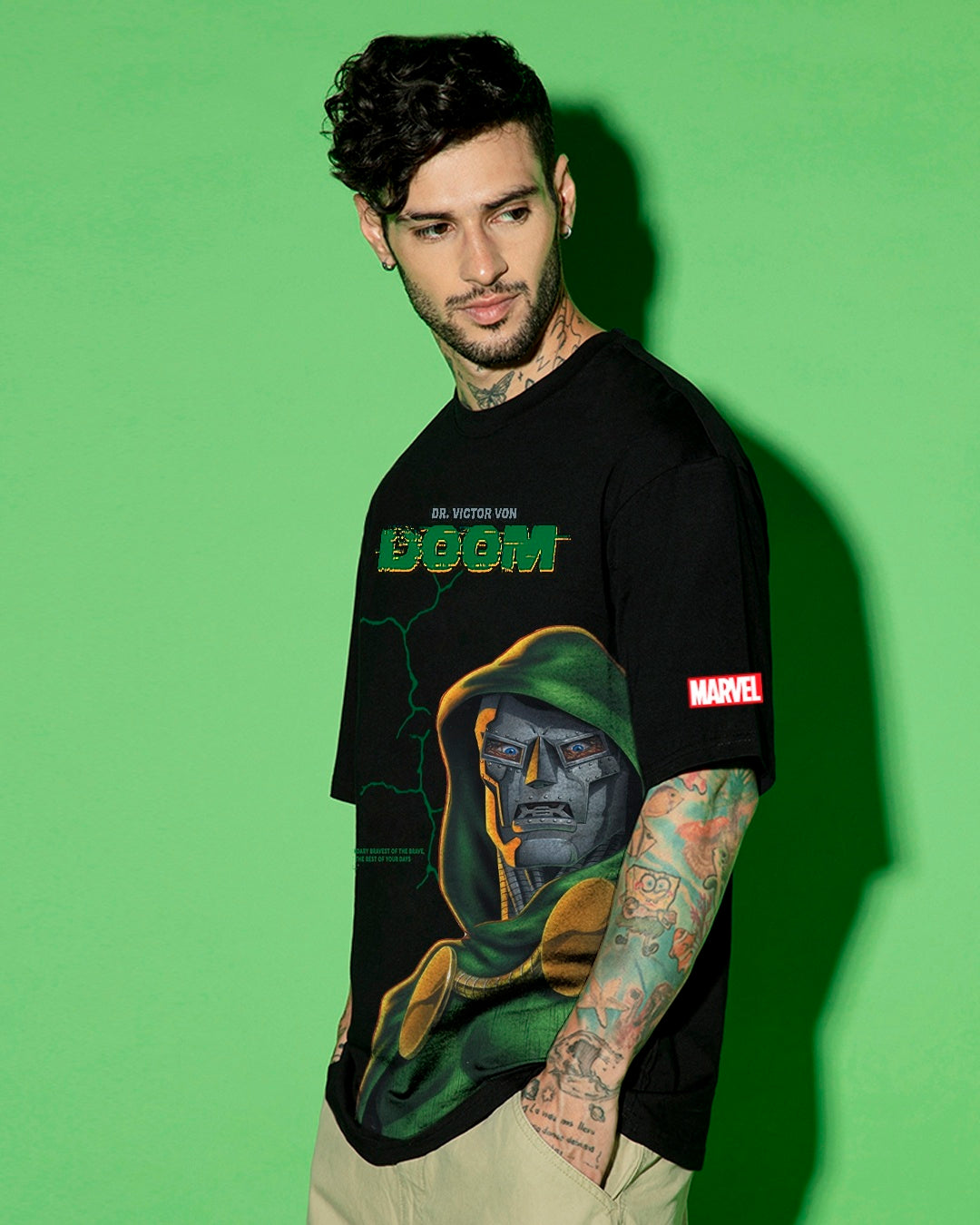Men's Jet Black Doom Graphic Printed Oversized T-shirt