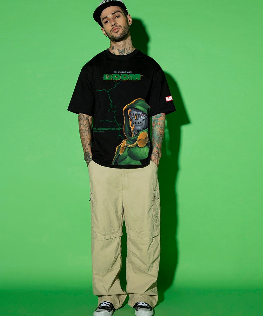Men's Jet Black Doom Graphic Printed Oversized T-shirt