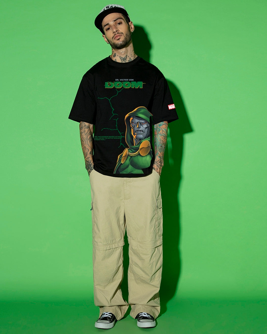 Men's Jet Black Doom Graphic Printed Oversized T-shirt