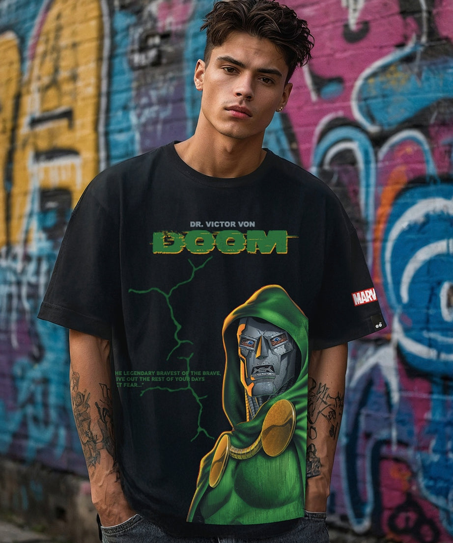Men's Jet Black Doom Graphic Printed Oversized T-shirt
